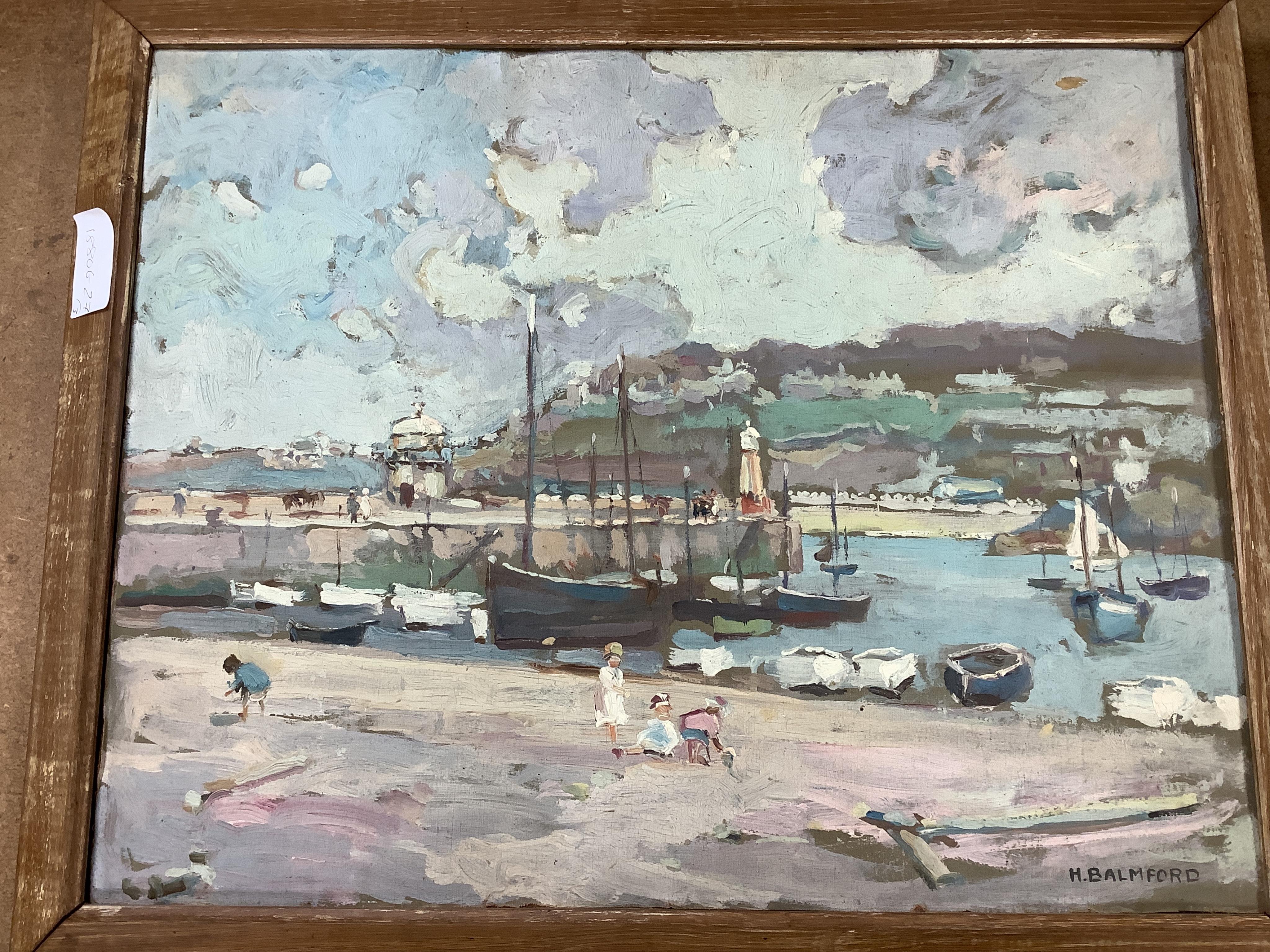 Hurst Balmford (1871-1950), Coastal view, harbour view and street scene, each signed, set of three oils on canvas laid onto board, 40 x 50cm